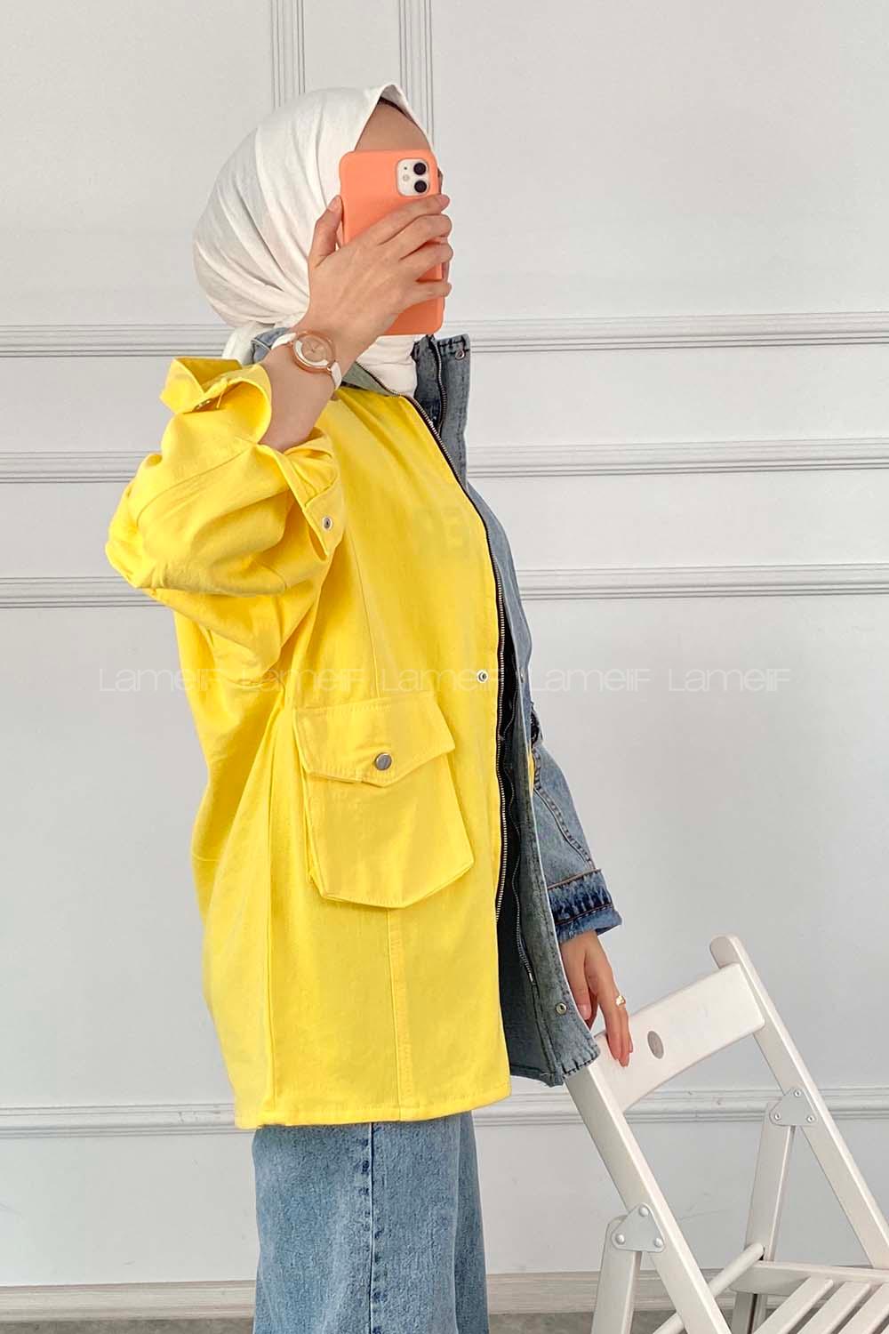 Modalamelif Hakim Yaka Gizli Fermuarlı  Kapak Cepli Garnili Ceket Sarı