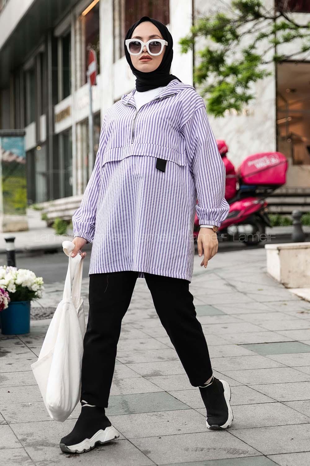 Modalamelif Kanguru Cep Çizgili Tunik Mor