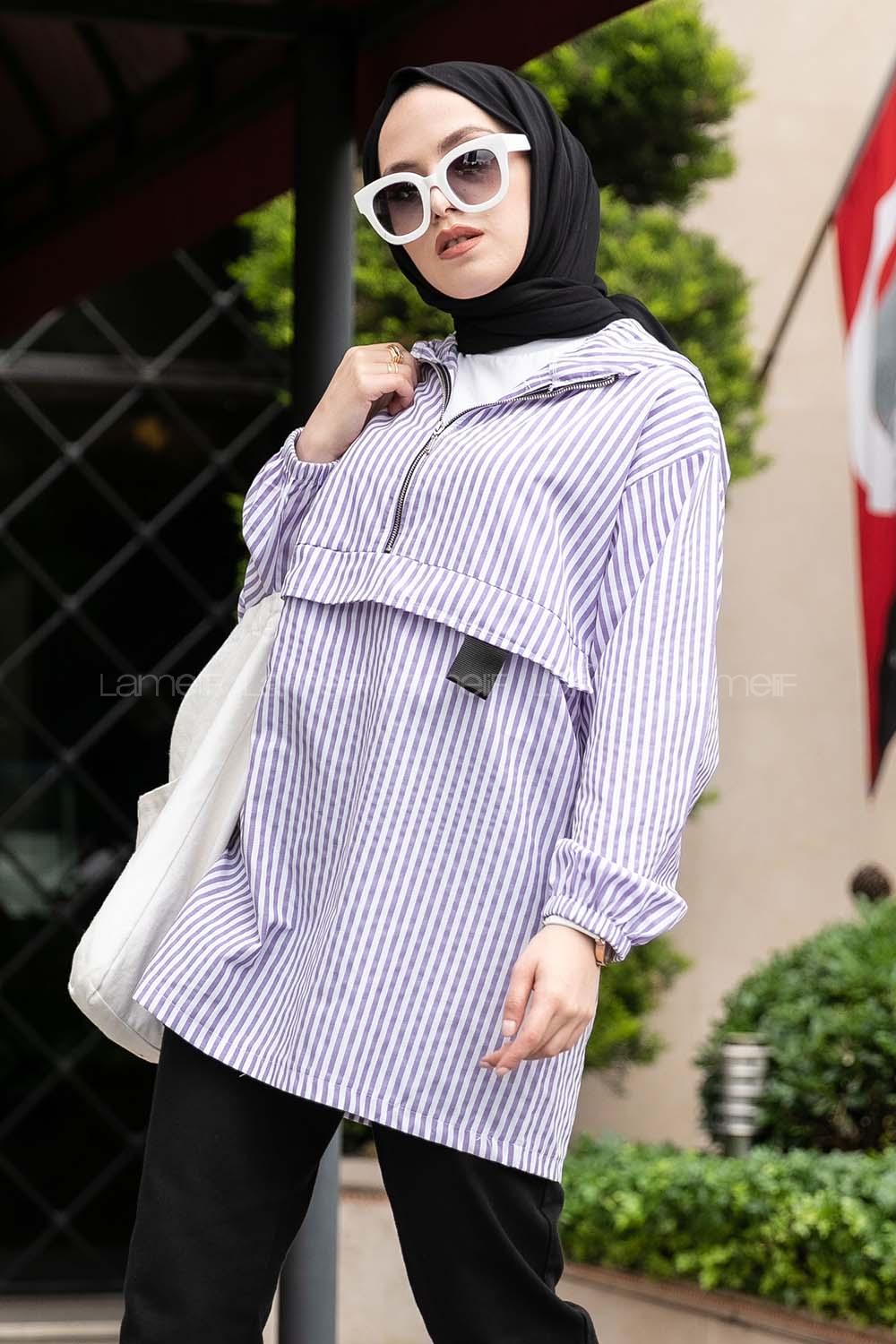 Modalamelif Kanguru Cep Çizgili Tunik Mor