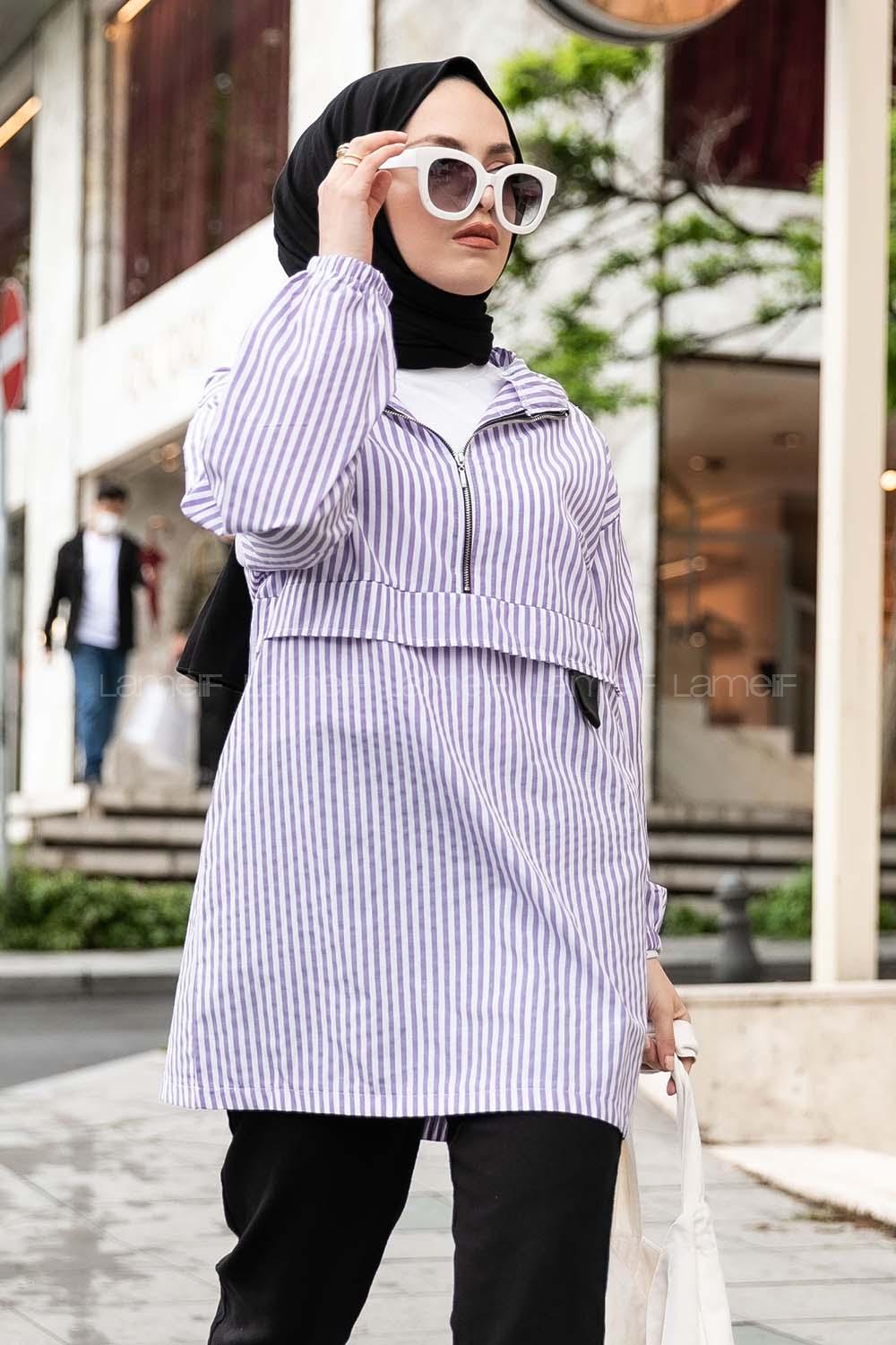 Modalamelif Kanguru Cep Çizgili Tunik Mor