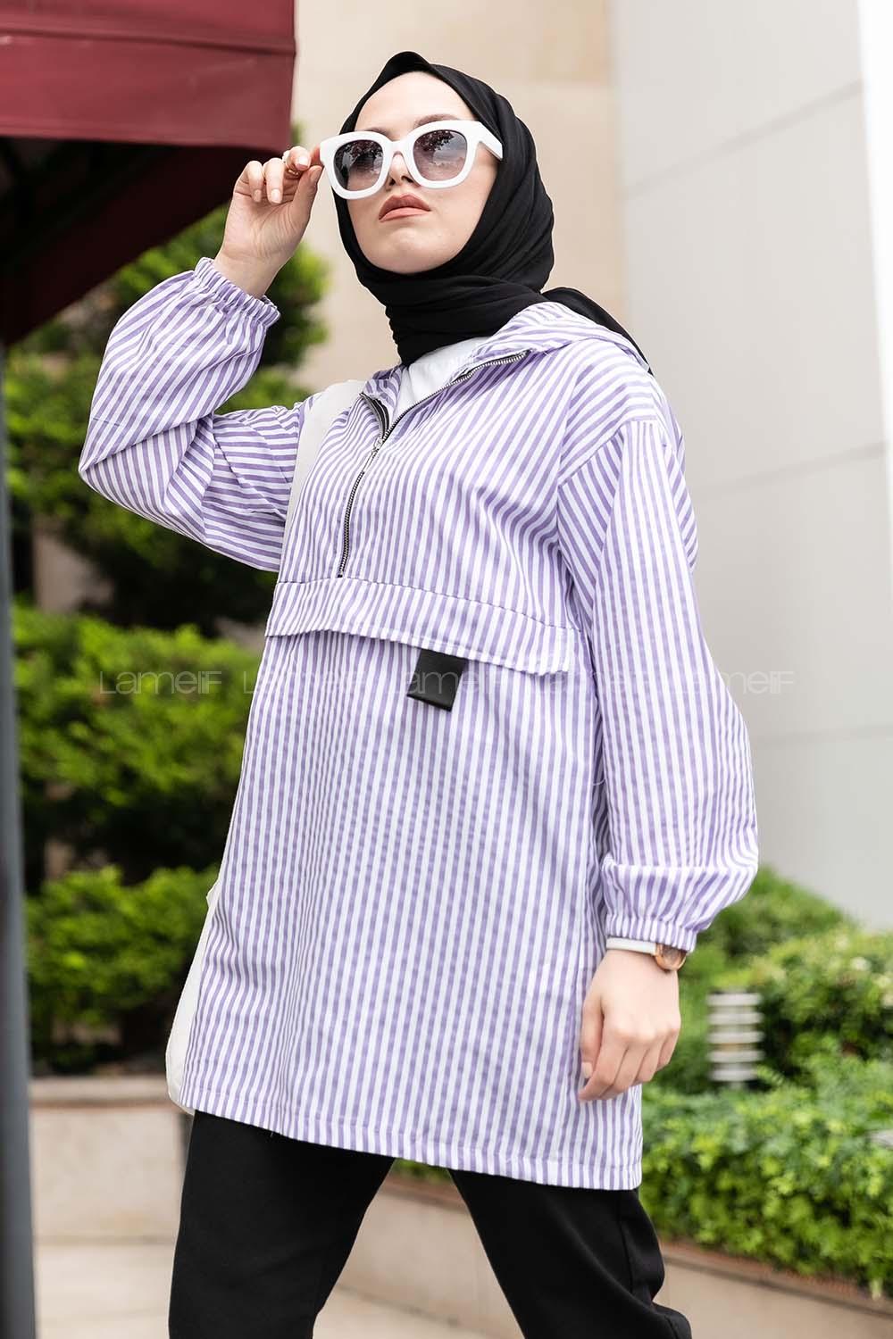 Modalamelif Kanguru Cep Çizgili Tunik Mor