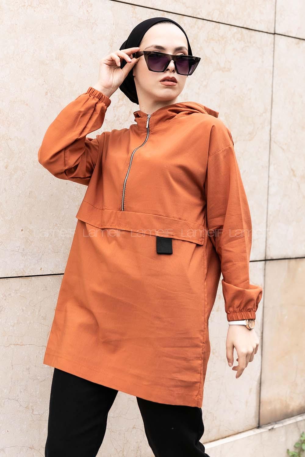 Modalamelif Kanguru Cep Yarım Fermuarlı Tunik Kiremit