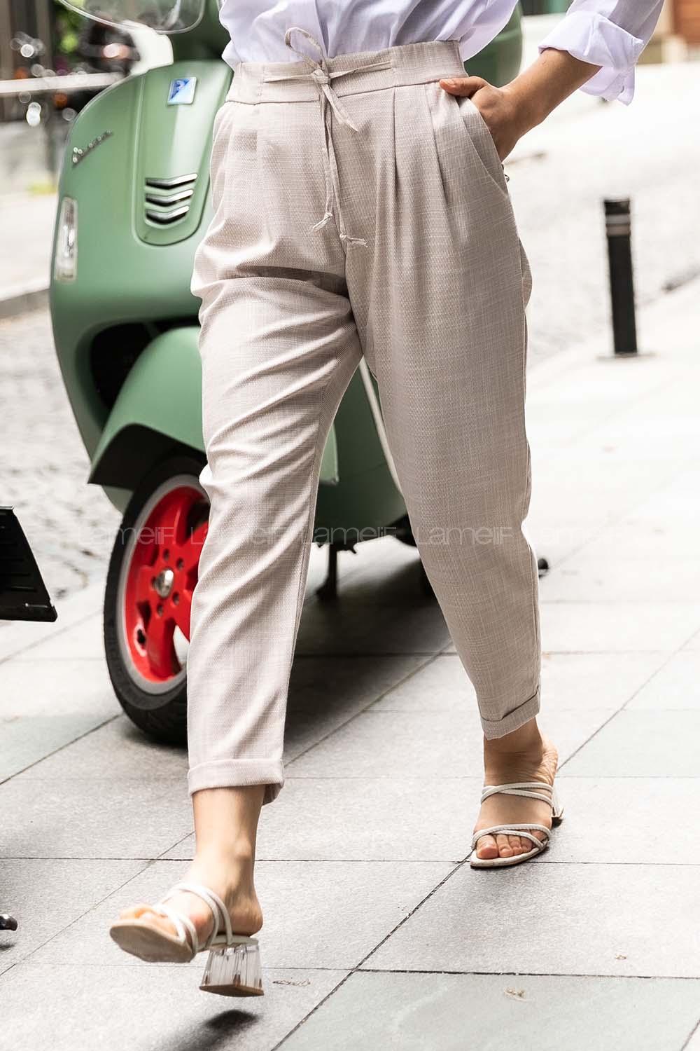 Modalamelif Keten Havuç  Arka Cep Detaylı Pantolon Taş Rengi