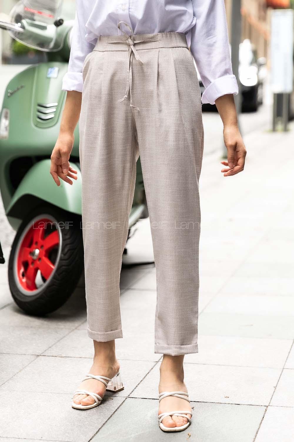 Modalamelif Keten Havuç  Arka Cep Detaylı Pantolon Taş Rengi