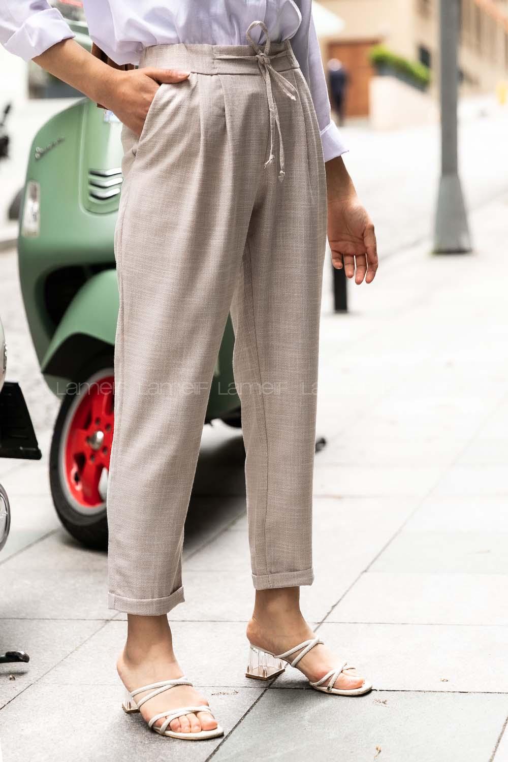 Modalamelif Keten Havuç  Arka Cep Detaylı Pantolon Taş Rengi