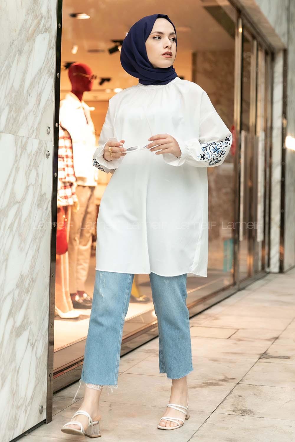 Modalamelif Kol lastikli Nakış Detaylı Beyaz