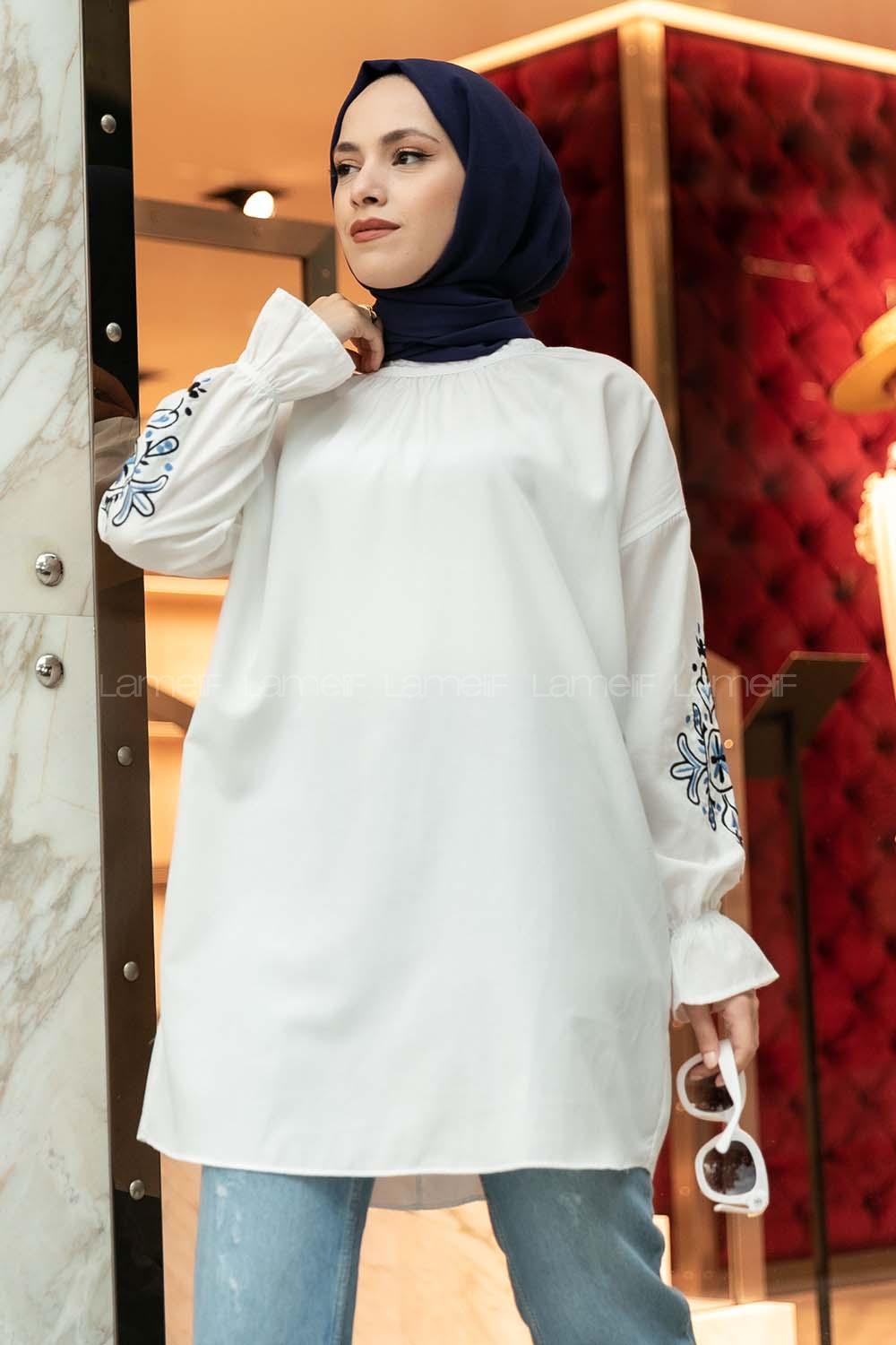 Modalamelif Kol lastikli Nakış Detaylı Beyaz