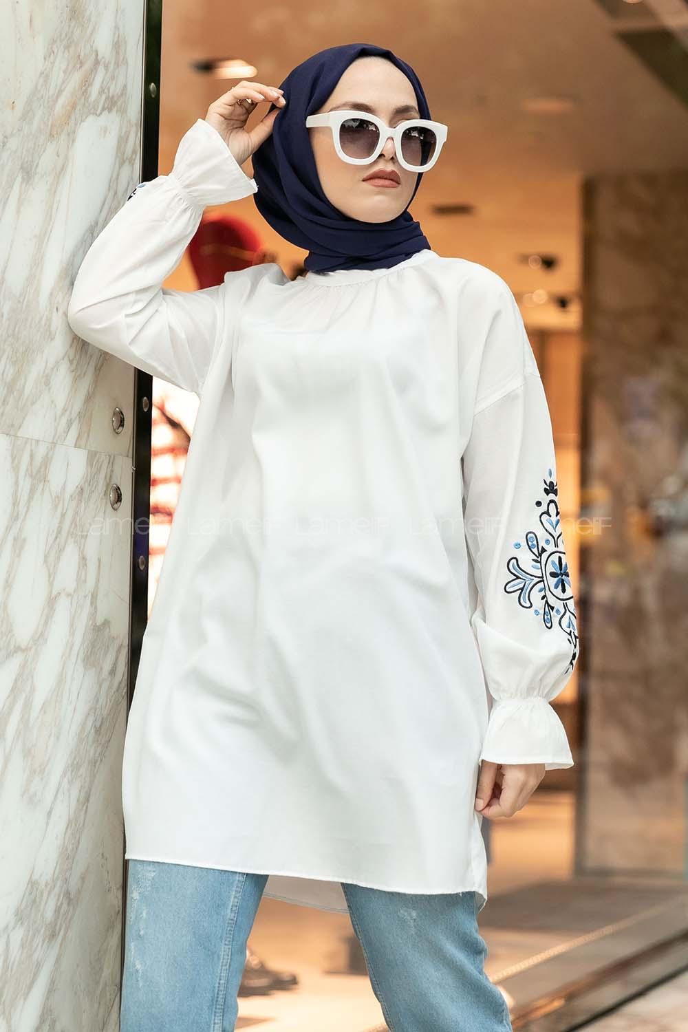 Modalamelif Kol lastikli Nakış Detaylı Beyaz