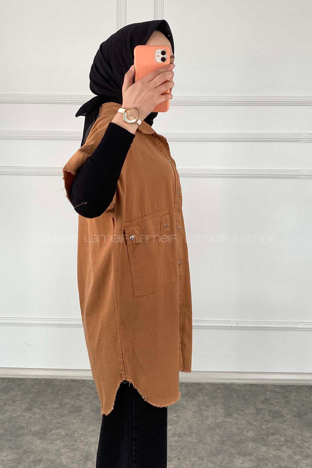 Modalamelif Kol Püsküllü Önü Çıt Çıt Düğmeli  Gömlek Camel