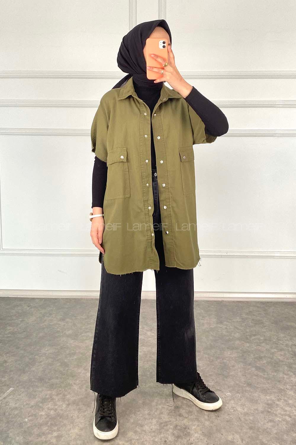 Modalamelif Kol Püsküllü Önü Çıt Çıt Düğmeli  Gömlek Haki