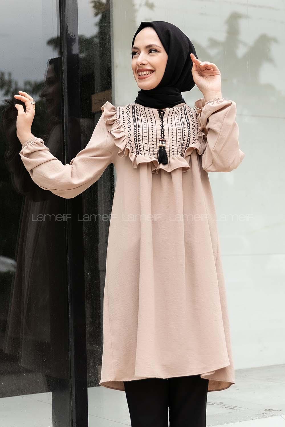 Modalamelif Omuz Fırfırlı Nakış Detaylı Tunik Vizonrengi