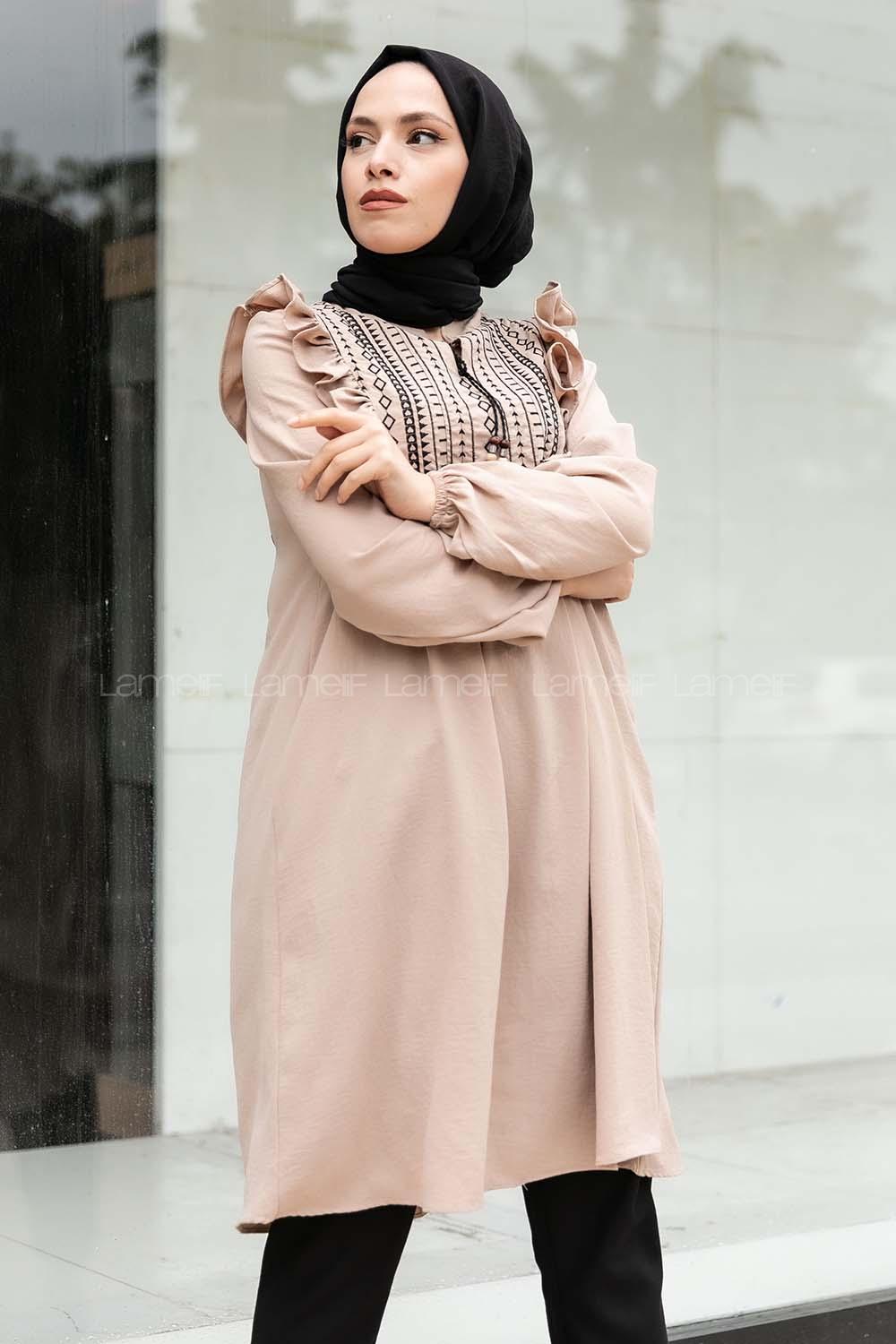 Modalamelif Omuz Fırfırlı Nakış Detaylı Tunik Vizonrengi