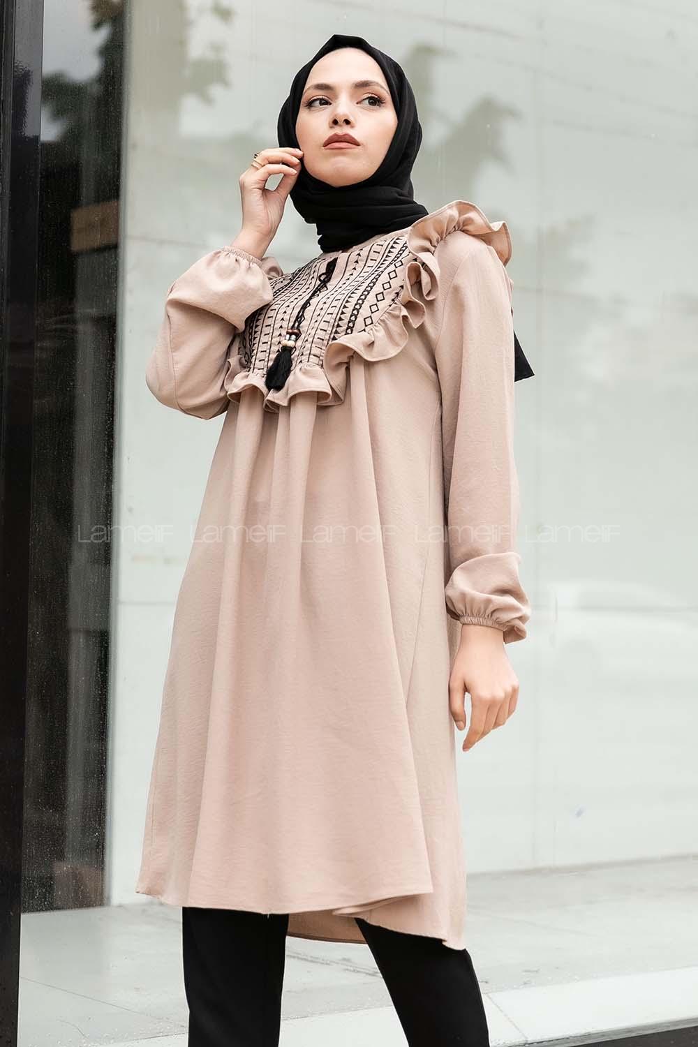 Modalamelif Omuz Fırfırlı Nakış Detaylı Tunik Vizonrengi