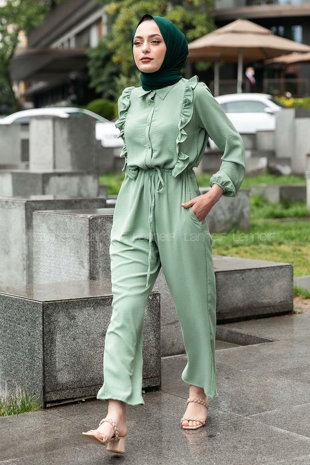 Modalamelif Omuz Fırfırlı Yarım Düğmeli Tulum Elbise Çağla Rengi