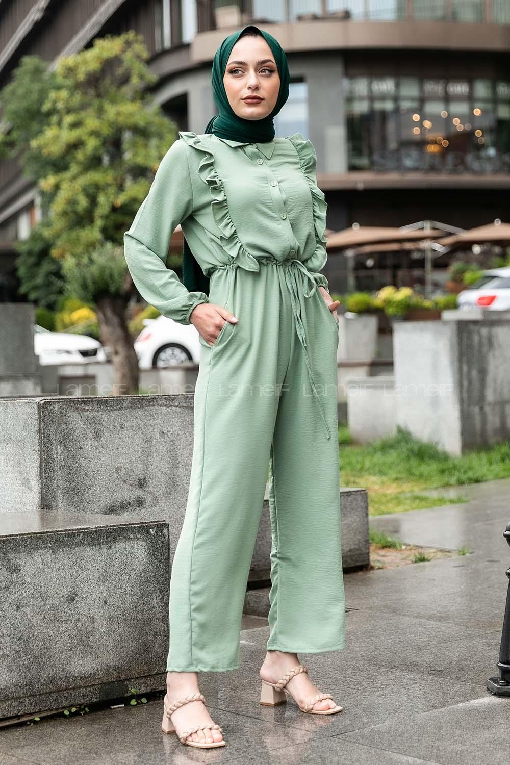 Modalamelif Omuz Fırfırlı Yarım Düğmeli Tulum Elbise Çağla Rengi