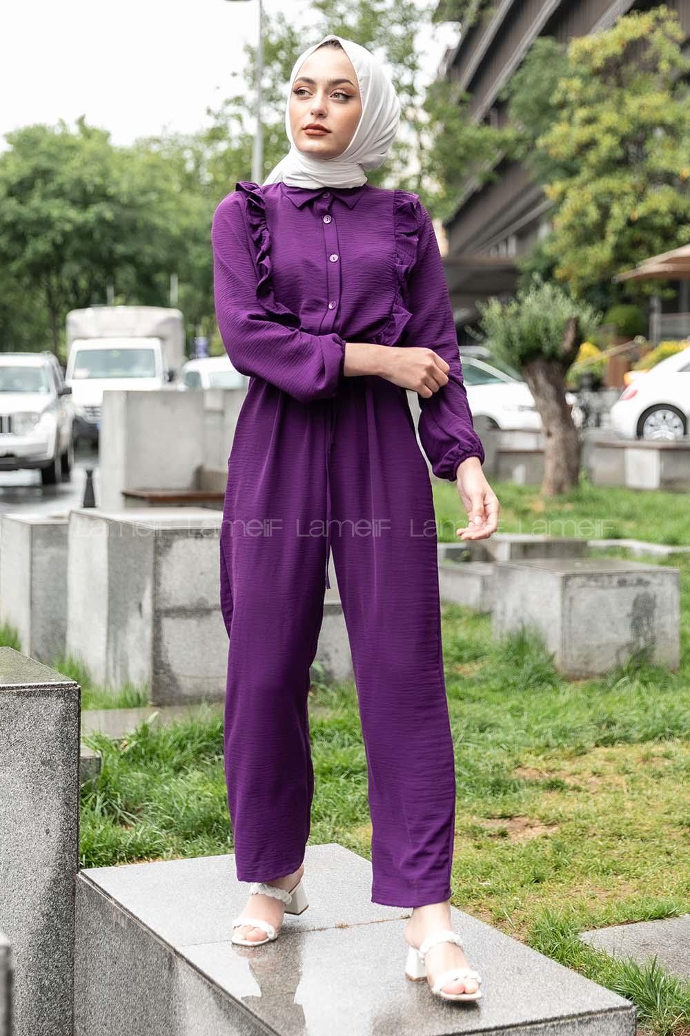 Modalamelif Omuz Fırfırlı Yarım Düğmeli Tulum Elbise Mor