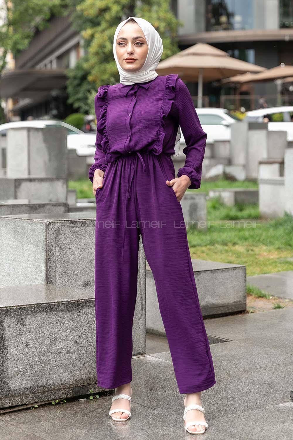 Modalamelif Omuz Fırfırlı Yarım Düğmeli Tulum Elbise Mor