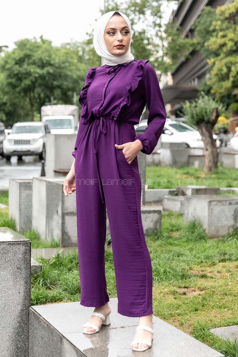 Modalamelif Omuz Fırfırlı Yarım Düğmeli Tulum Elbise Mor