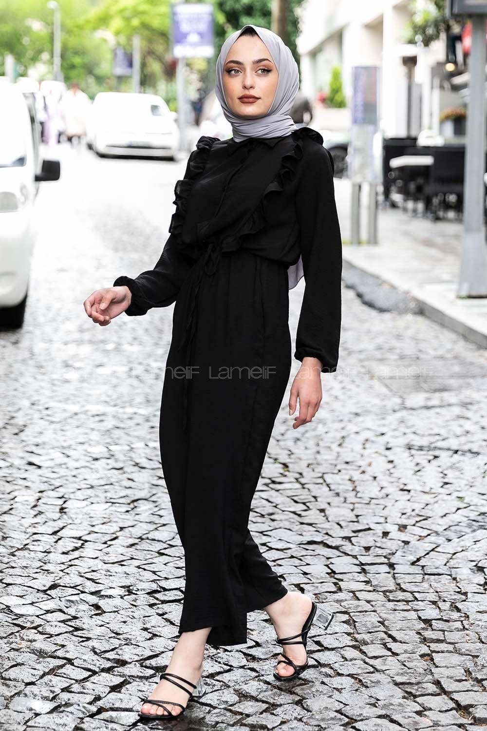 Modalamelif Omuz Fırfırlı Yarım Düğmeli Tulum Elbise Siyah