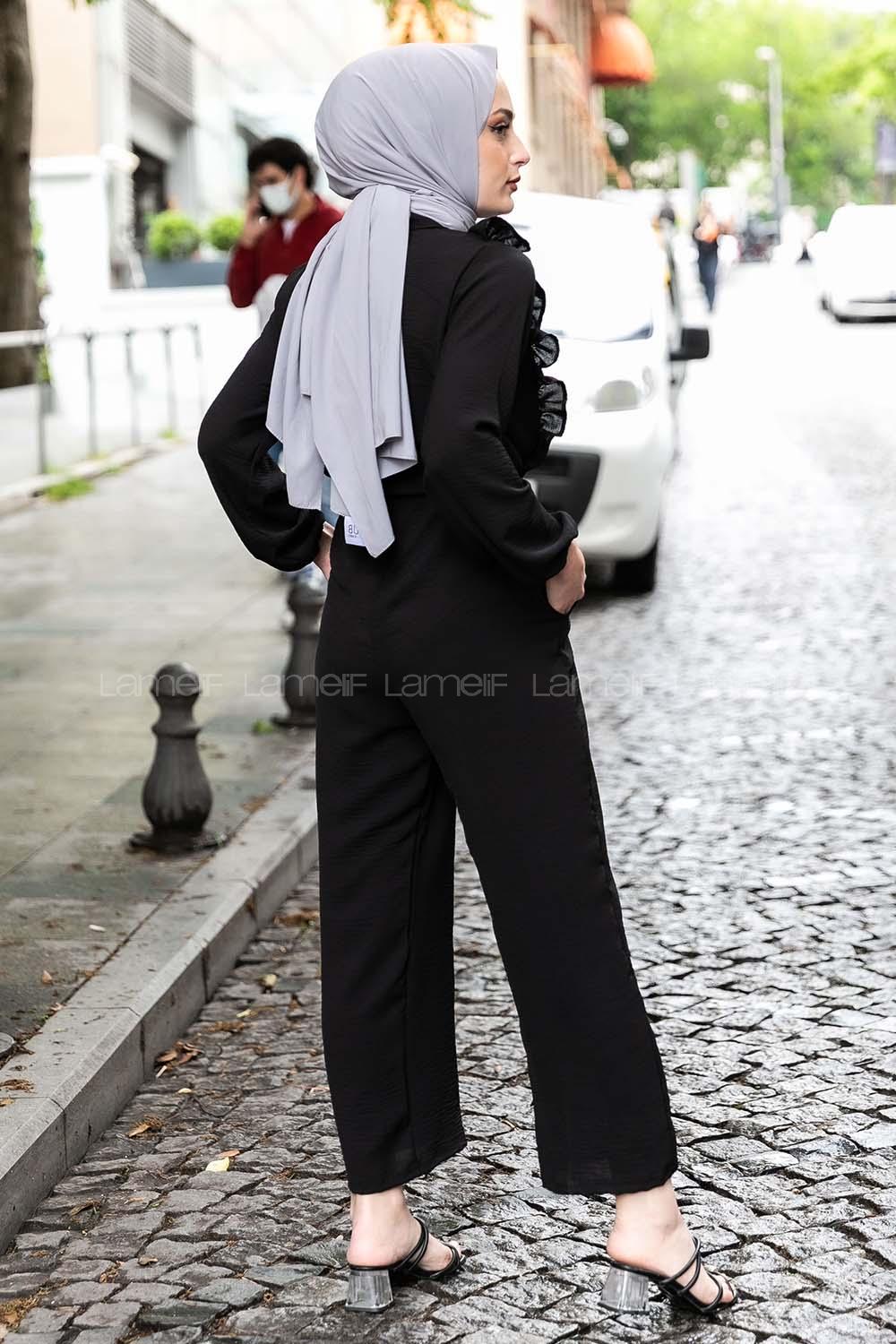 Modalamelif Omuz Fırfırlı Yarım Düğmeli Tulum Elbise Siyah