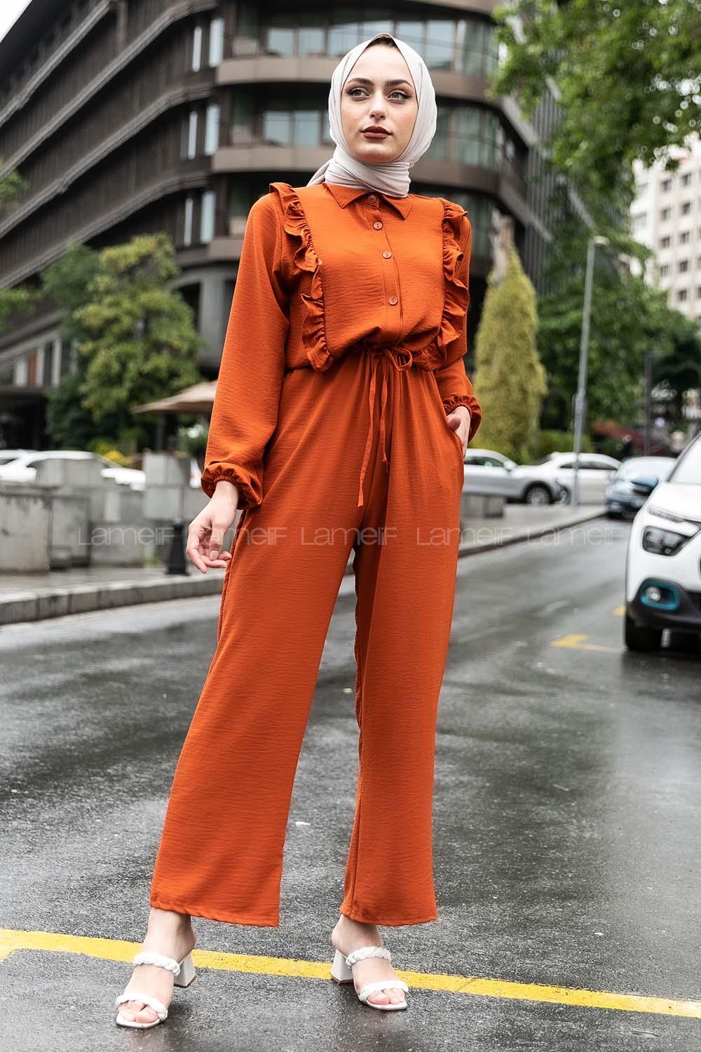 Modalamelif Omuz Fırfırlı Yarım Düğmeli Tulum Elbise Taba Rengi