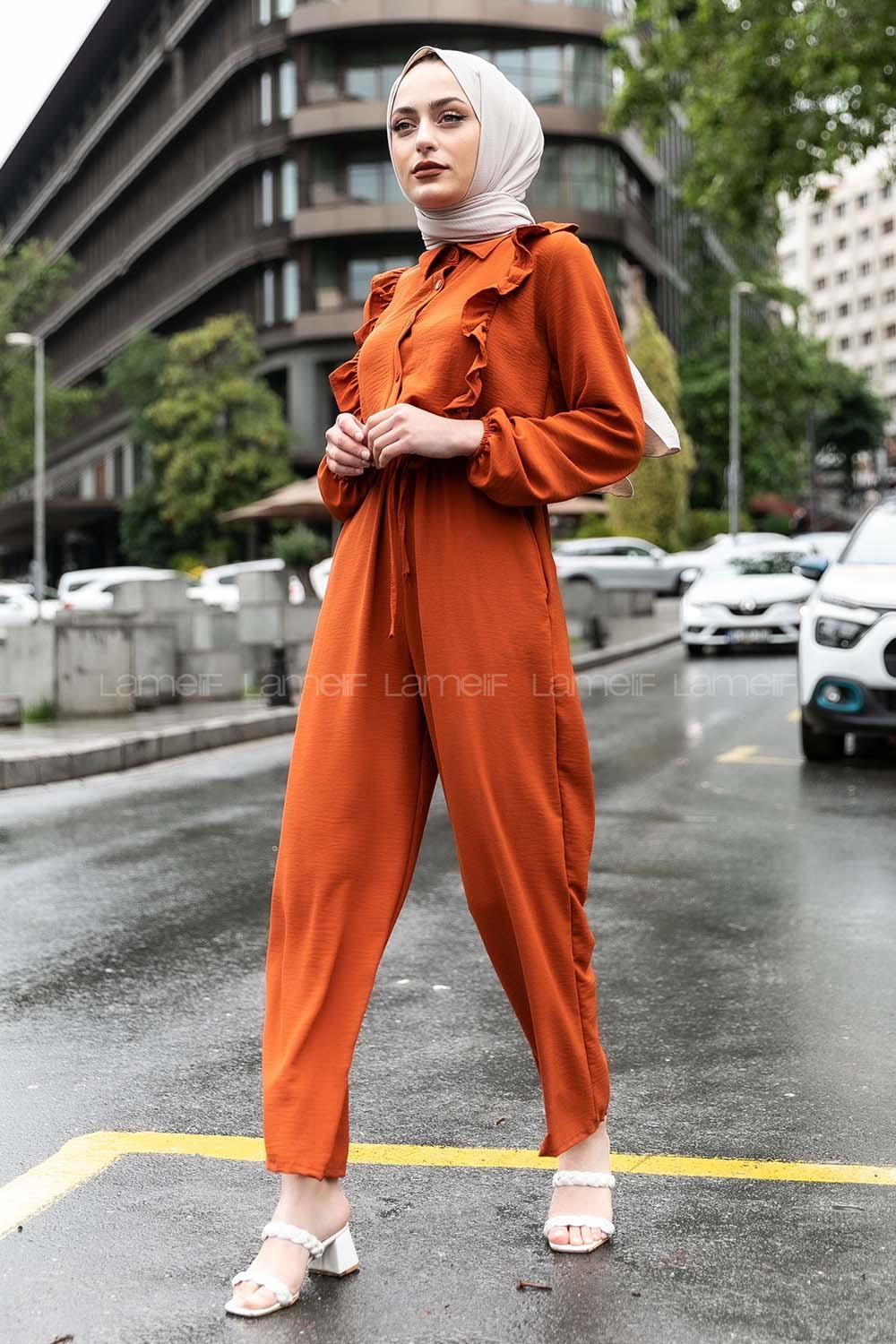 Modalamelif Omuz Fırfırlı Yarım Düğmeli Tulum Elbise Taba Rengi