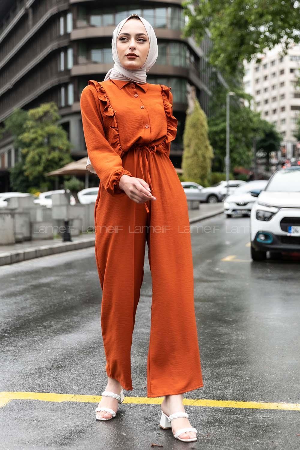 Modalamelif Omuz Fırfırlı Yarım Düğmeli Tulum Elbise Taba Rengi