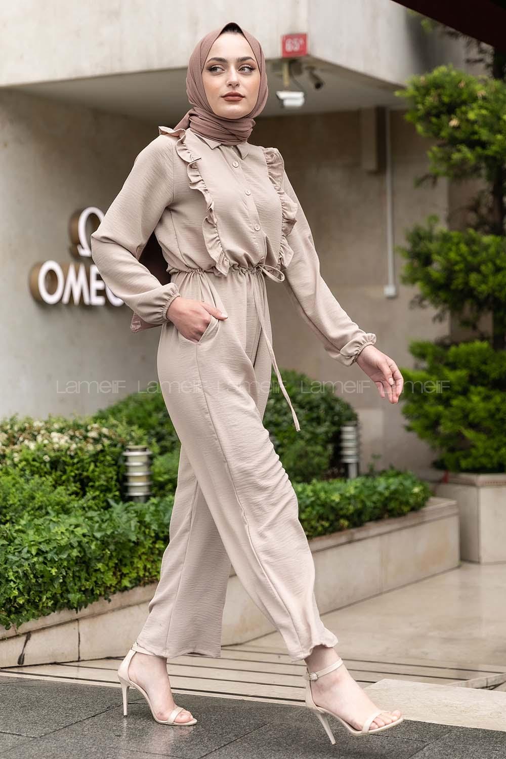 Modalamelif Omuz Fırfırlı Yarım Düğmeli Tulum Elbise Taş Rengi