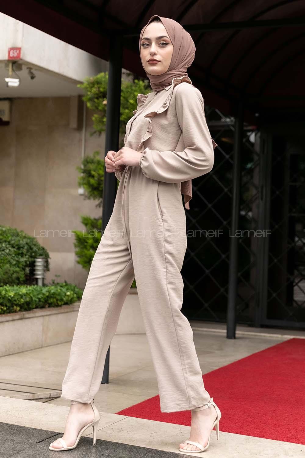 Modalamelif Omuz Fırfırlı Yarım Düğmeli Tulum Elbise Taş Rengi