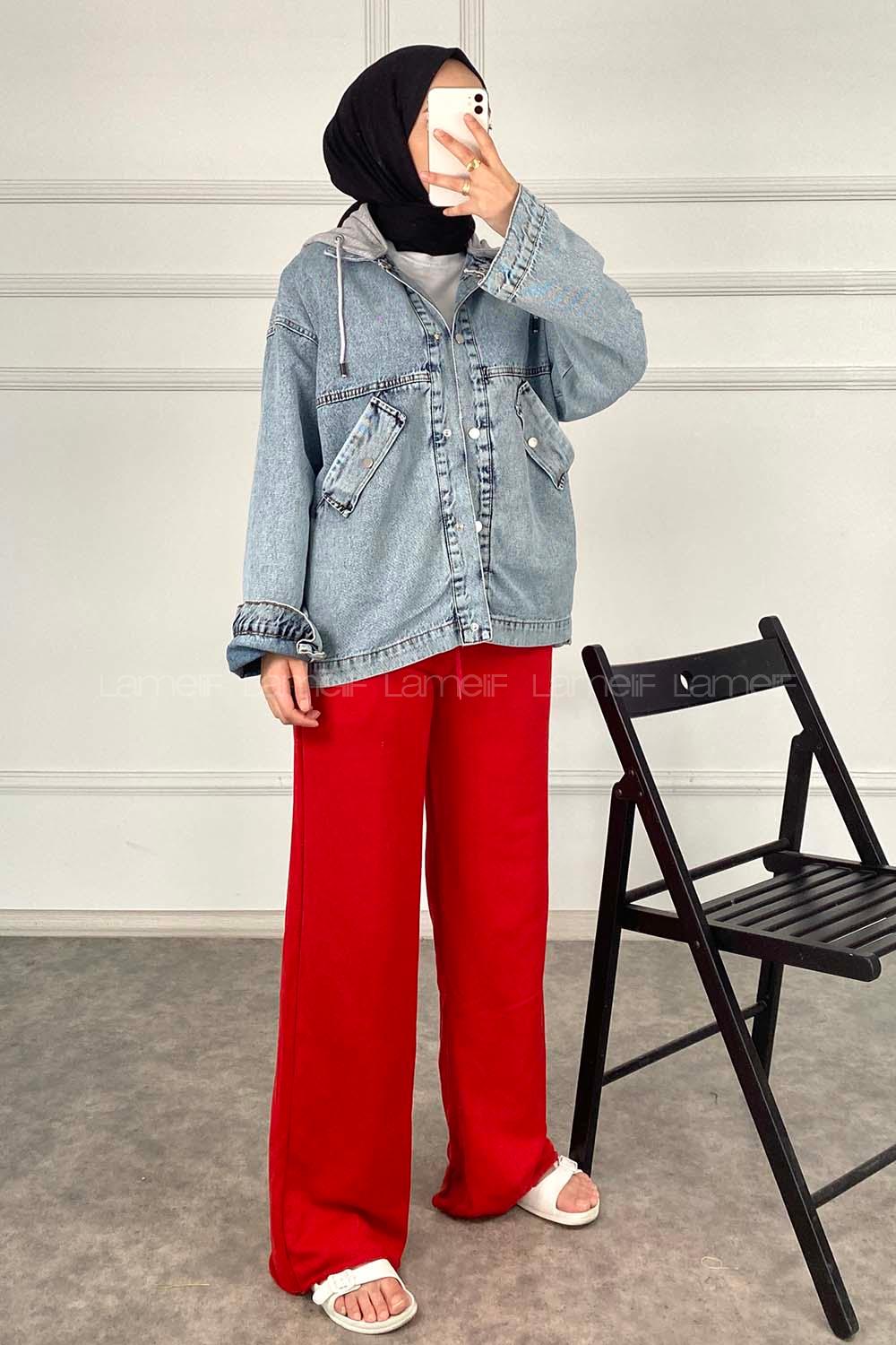 Modalamelif Önü Cıt Cıt Düğmeli Kapüşonlu Ceket Kot Mavisi-Gri