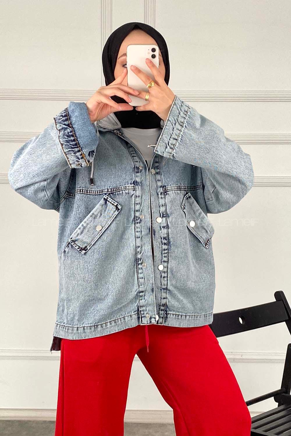 Modalamelif Önü Cıt Cıt Düğmeli Kapüşonlu Ceket Kot Mavisi-Gri