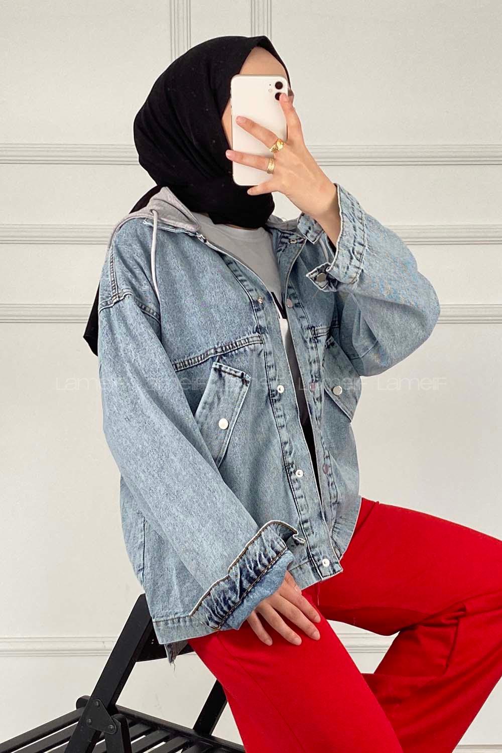 Modalamelif Önü Cıt Cıt Düğmeli Kapüşonlu Ceket Kot Mavisi-Gri