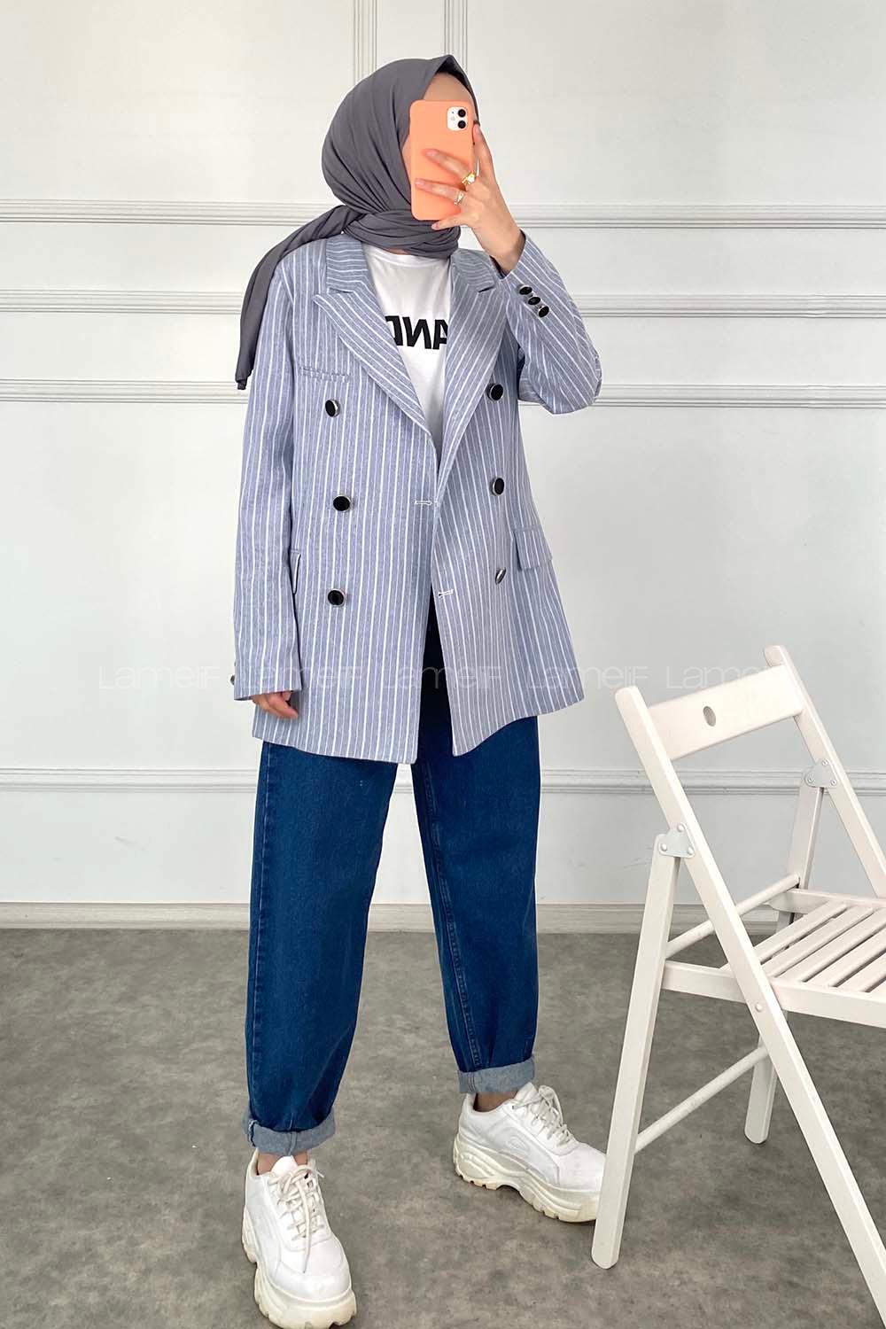 Modalamelif Önü Düğme Detaylı Çizgili Ceket Açık Mavi