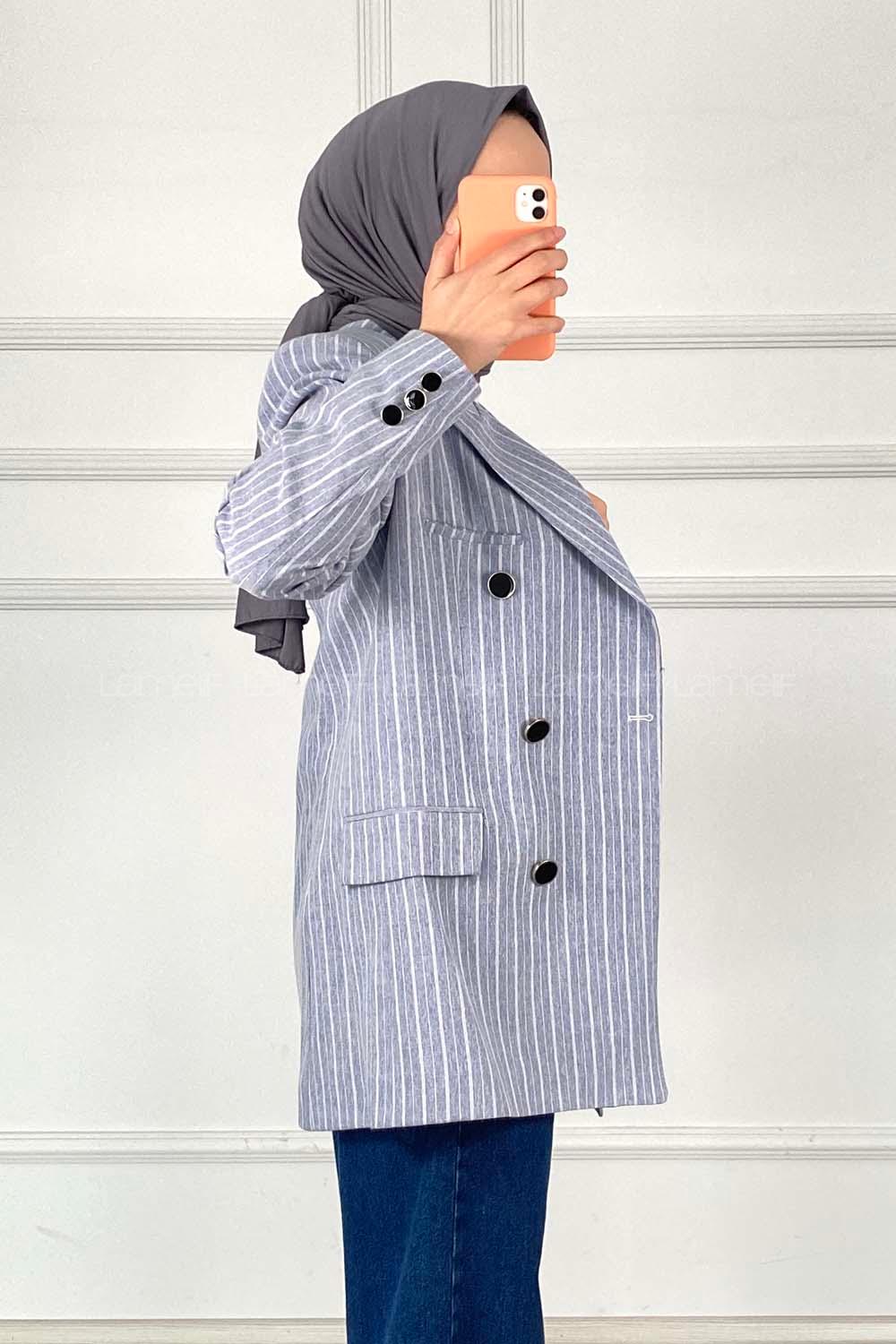 Modalamelif Önü Düğme Detaylı Çizgili Ceket Açık Mavi