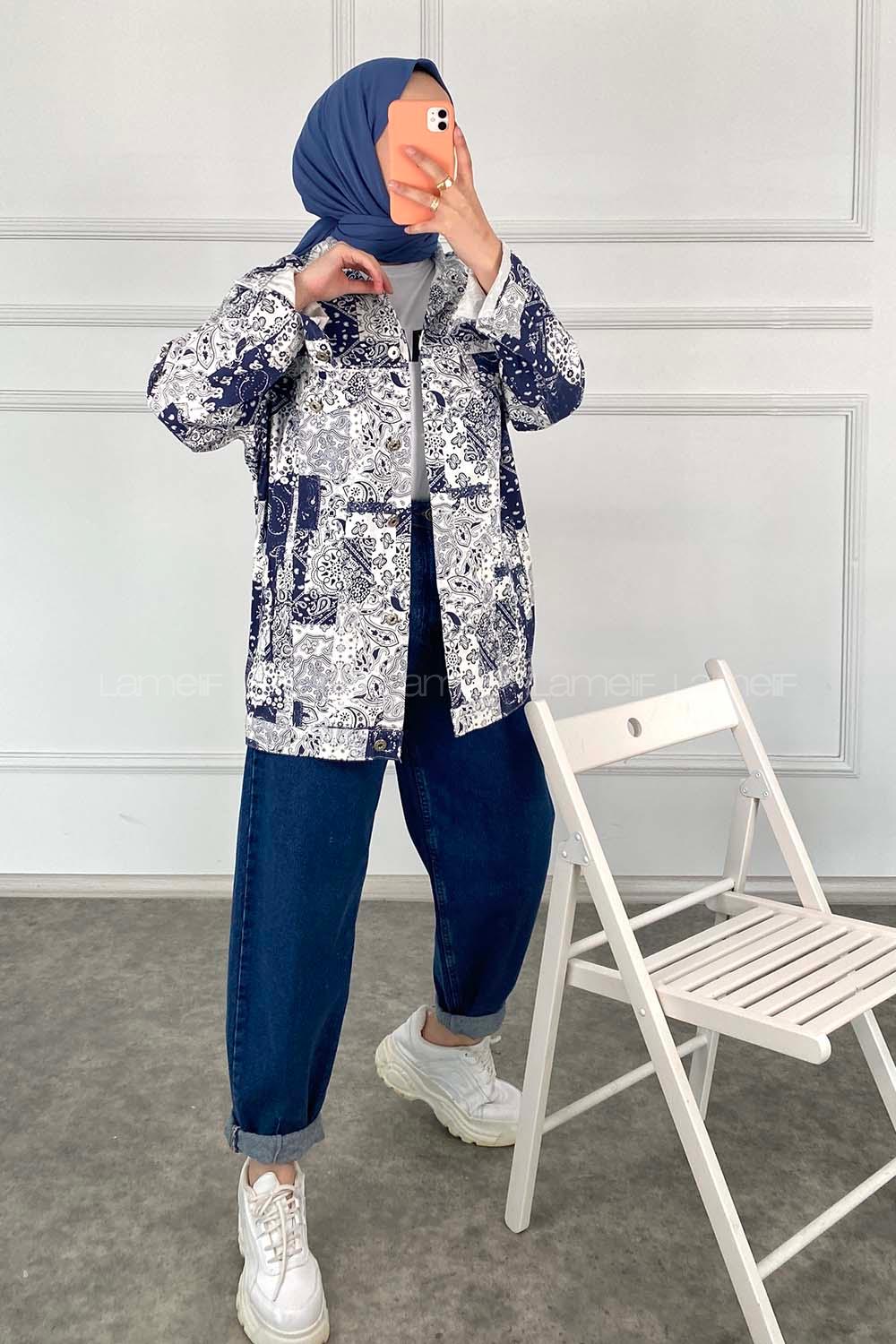 Modalamelif Önü Düğmeli Desenli Crop Ceket Lacivert