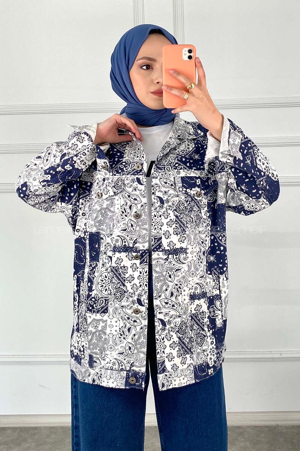 Modalamelif Önü Düğmeli Desenli Crop Ceket Lacivert