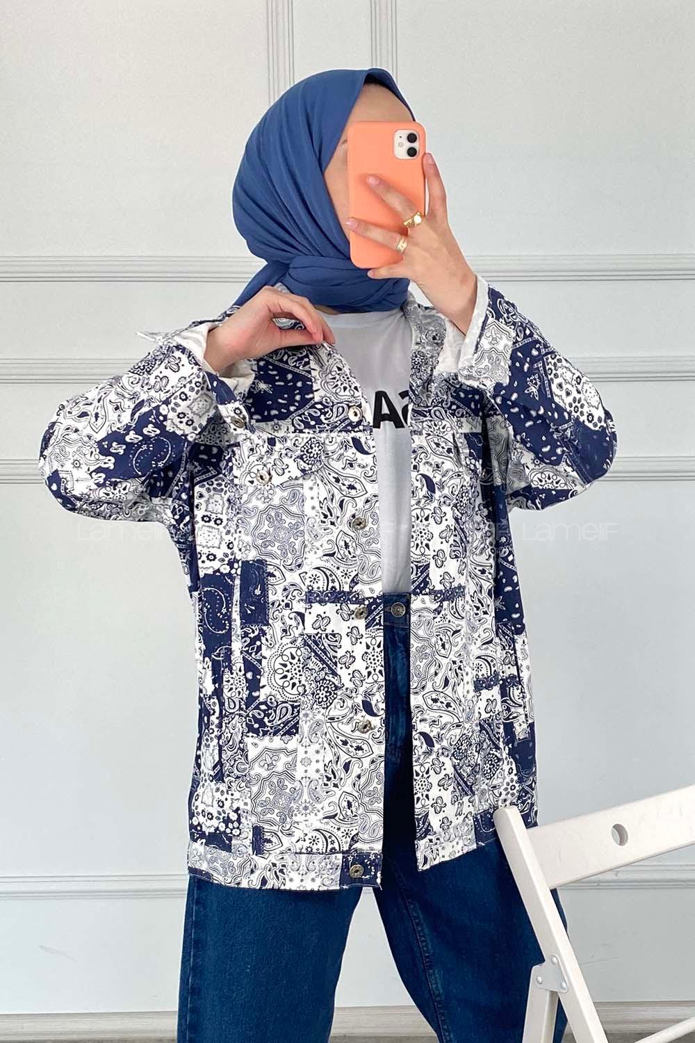 Modalamelif Önü Düğmeli Desenli Crop Ceket Lacivert