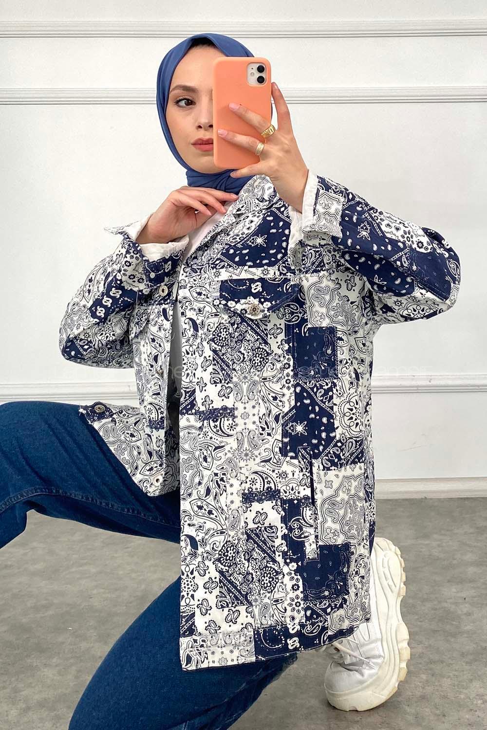 Modalamelif Önü Düğmeli Desenli Crop Ceket Lacivert