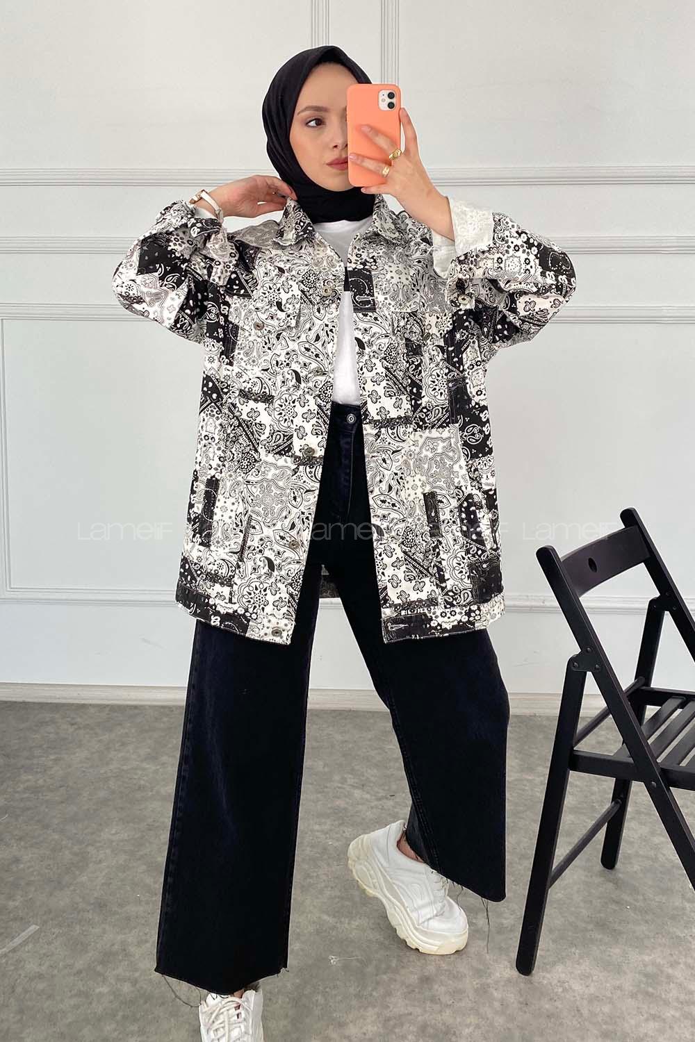 Modalamelif Önü Düğmeli Desenli Crop Ceket Siyah