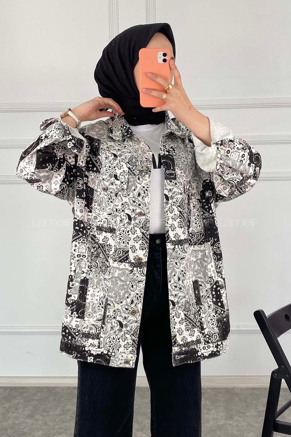 Modalamelif Önü Düğmeli Desenli Crop Ceket Siyah