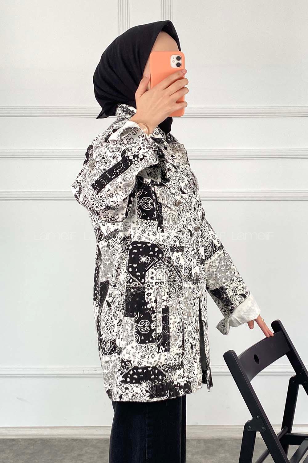 Modalamelif Önü Düğmeli Desenli Crop Ceket Siyah