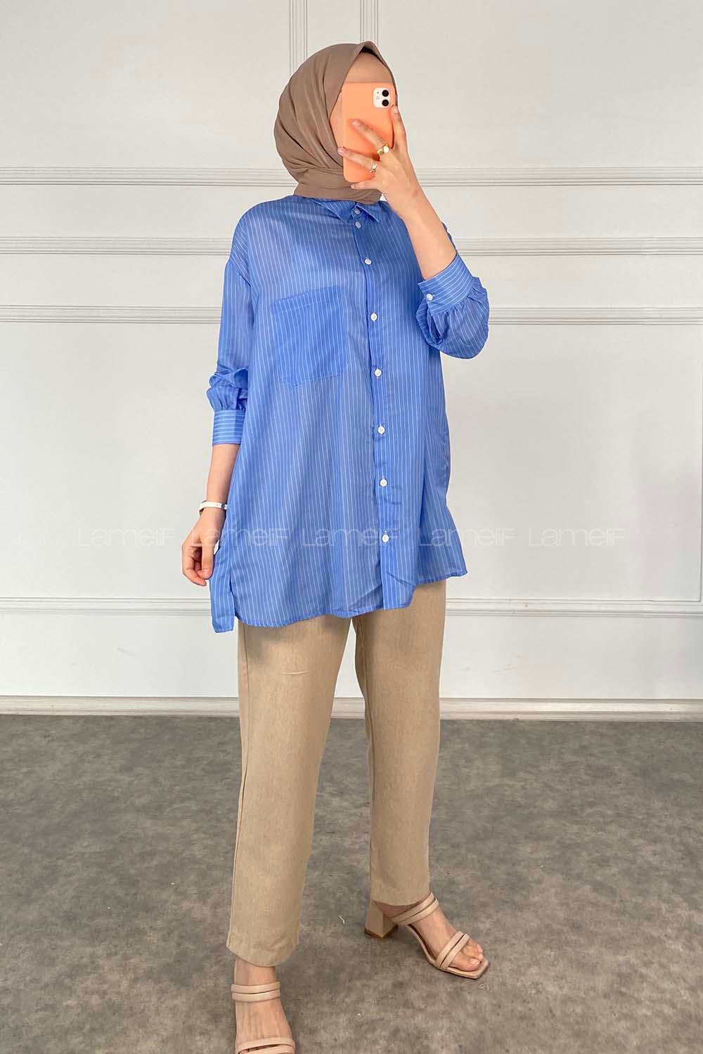Modalamelif Önü Düğmeli  Tek Cepli Çizgili Gömlek Mavi