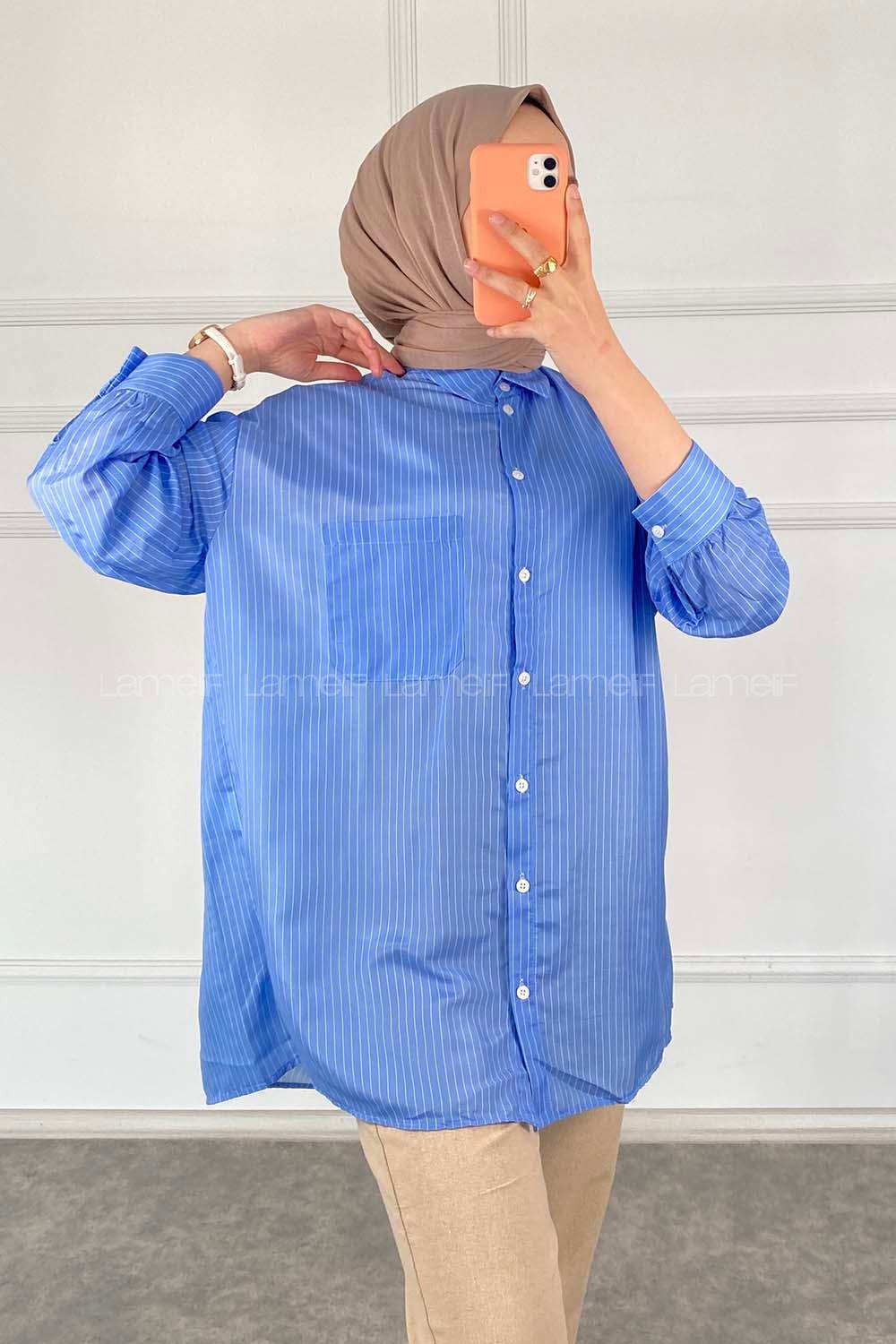 Modalamelif Önü Düğmeli  Tek Cepli Çizgili Gömlek Mavi