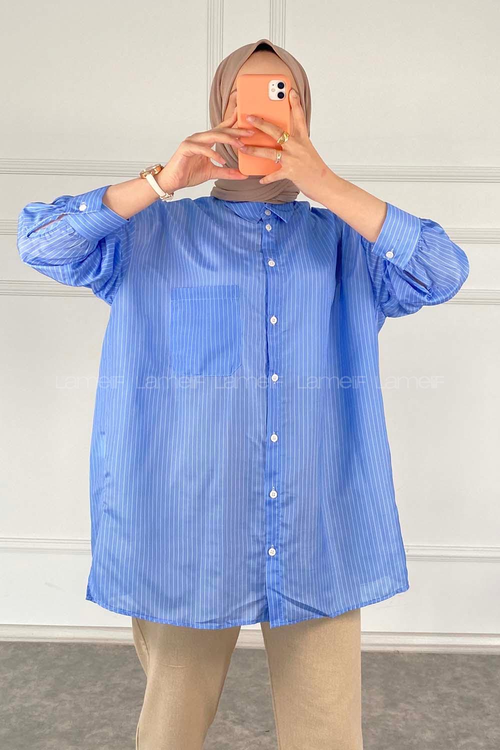 Modalamelif Önü Düğmeli  Tek Cepli Çizgili Gömlek Mavi