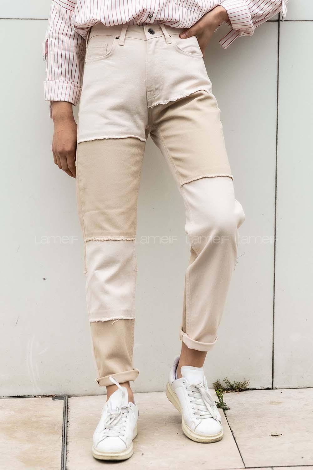 Modalamelif Parça Contrast Mom Jean Krem Pantolon