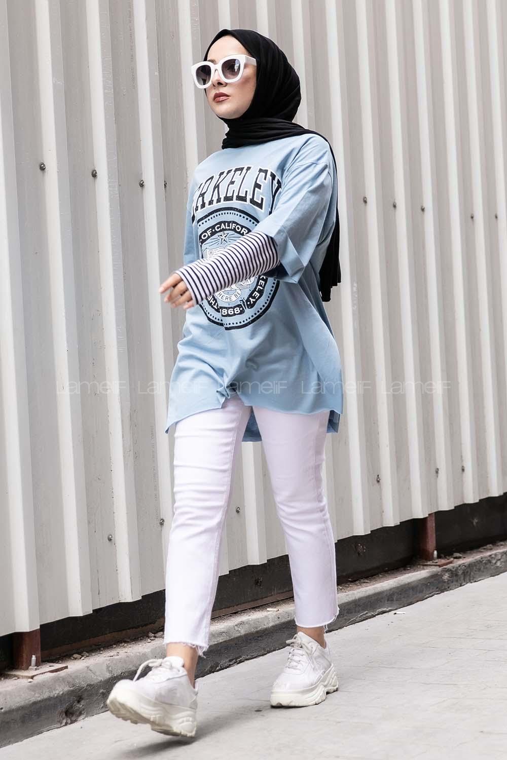 Modalamelif Berkeley Baskılı  Yan Yırtmaçlı T-Shirt Bebe Mavi