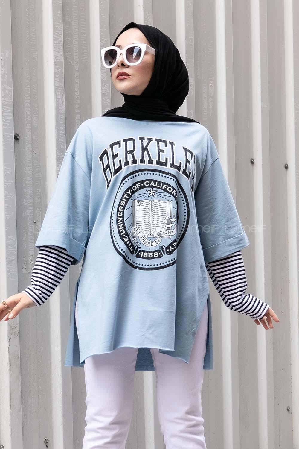 Modalamelif Berkeley Baskılı  Yan Yırtmaçlı T-Shirt Bebe Mavi