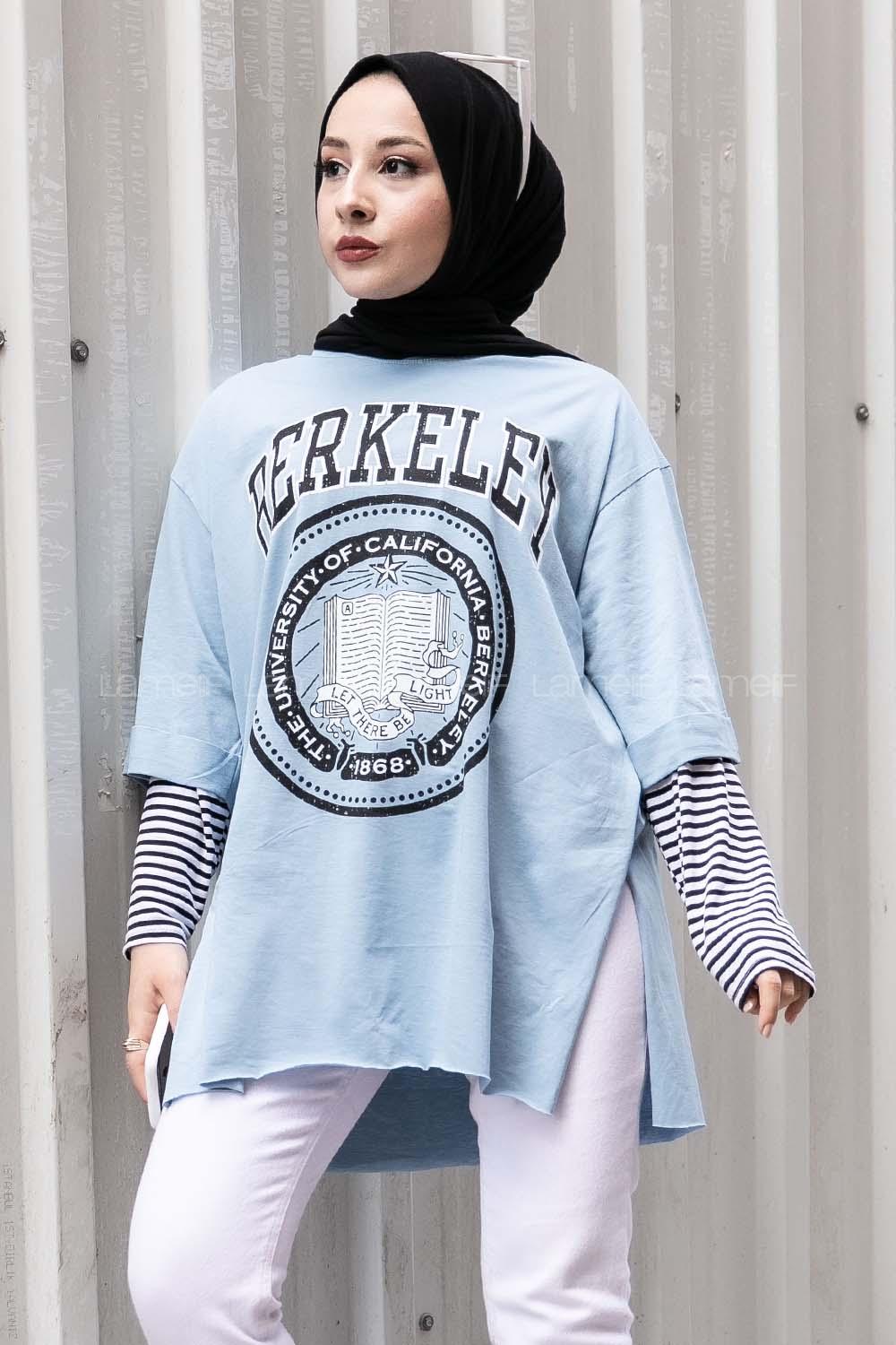 Modalamelif Berkeley Baskılı  Yan Yırtmaçlı T-Shirt Bebe Mavi