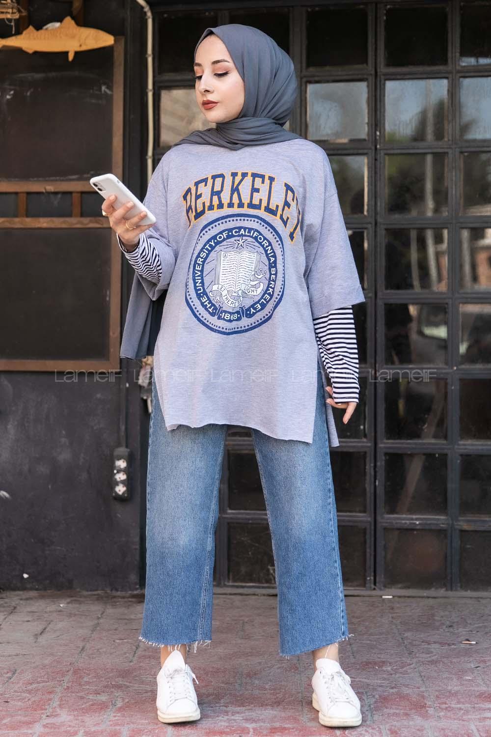 Modalamelif Berkeley Baskılı  Yan Yırtmaçlı T-Shirt Gri