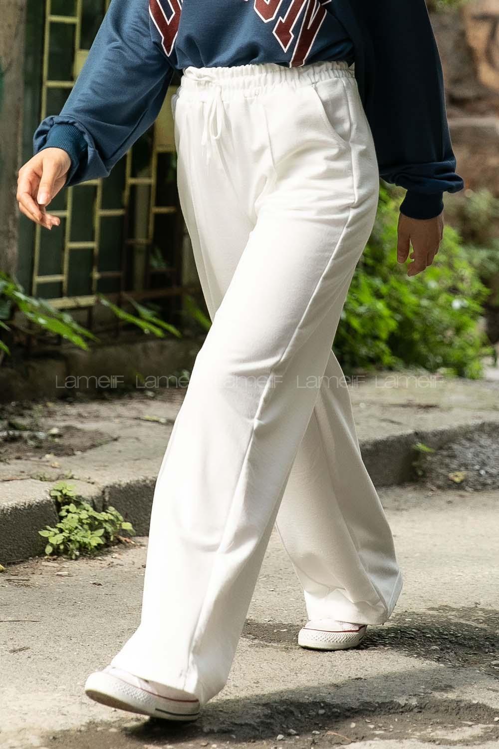 Modalamelif Bol Paça Çımalı Eşofman Beyaz